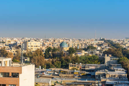 Aerial view of residential building skyline with blue tome of Lonban Mosque of Isfahan of Iran, one...