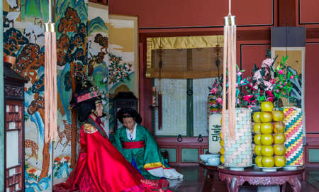 Interiors of King's office with dressed mannequins at the Hwaseong Haenggung Palace is the largest...