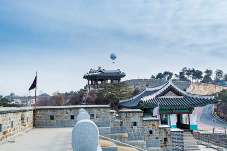 Wall of Hwaseong Fortress, Korea traditional landmark in the city of Suwon of South Korea. Hwaseong Fortress is an historic building in the latter part of the Joseon Dynasty.のeditorial素材