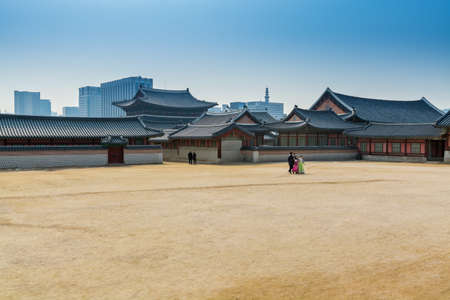 Korean wooden traditional house in Gyeongbokgung, also known as Gyeongbokgung Palace or Gyeongbok Palace, the main royal palace of Joseon dynasty.のeditorial素材