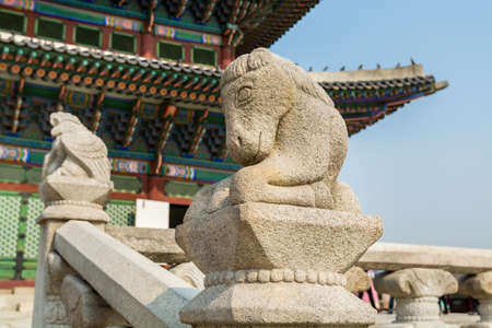 Stone horse statue in front of King's office inside of the Gyeongbokgung, also known as Gyeongbokgung Palace or Gyeongbok Palace, the main royal palace of Joseon dynasty.のeditorial素材