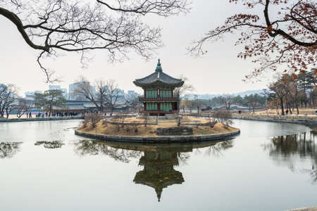 Traditional pavilion in the island of the lake in Gyeongbokgung, also known as Gyeongbokgung Palace or Gyeongbok Palace, the main royal palace of Joseon dynasty.のeditorial素材