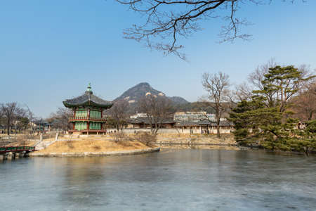 Traditional pavilion in the island of the lake in Gyeongbokgung, also known as Gyeongbokgung Palace or Gyeongbok Palace, the main royal palace of Joseon dynasty.のeditorial素材