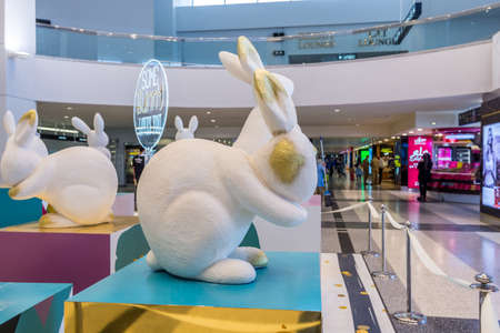 White rabbits sculptures in front of duty free shops in at the departure terminal in the Beirut Rafic Hariri International Airport Lebanon.のeditorial素材