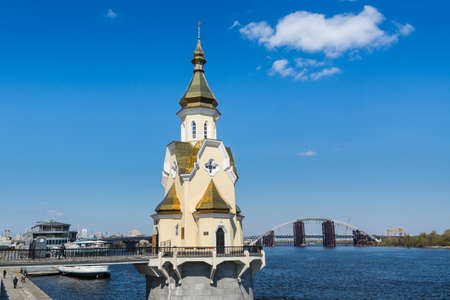 St. Nicolas Wondermaker on The Water Church at the Dnieper River against blue sky in Kiev, Ukrain.のeditorial素材