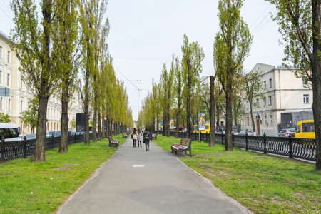 Green parks in spring in the park in Kiev street in front of St. Vladimir Cathedral in Kiev, Ukraineのeditorial素材