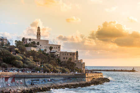 Old Jaffa city, old port and coastal line of Tel Aviv under sunset in Tel Aviv, Israelのeditorial素材