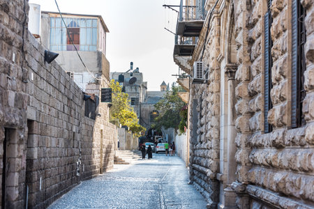 Lion's gate Street view of Muslim quarter in the old city of Jerusalem, Israel.