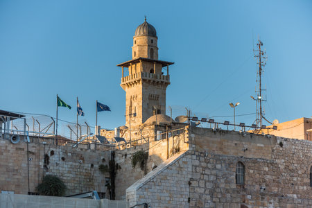 Bab al-Silsila Minaret Tower under sunset in the evening, built on top of the Temple Mount, known as...