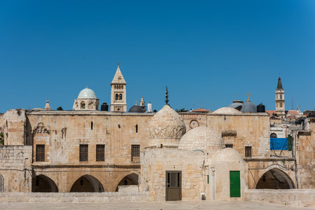 Islamic dome and buildings surrounding the square of the Golden Dome of the Rock, in an Islamic...
