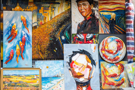 Oil painting artworks in the market for sale at Dafen Oil Painting village, Shenzhen, China.のeditorial素材