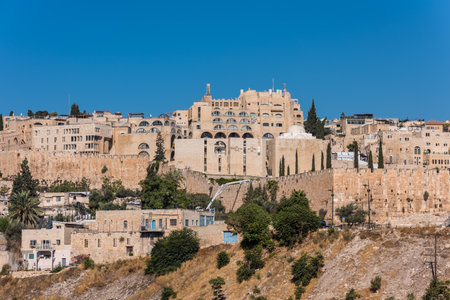 Historic buildings and skylines, and the wall of old city of Jerusalem on the top of Temple mount, View from Mount of Olives.のeditorial素材