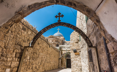The 9th station of the cross in Via Dolorosa at the entree to the Coptic Orthodox Patriarchate, St. Anthony Coptic Monastery, in Old City East Jerusalemのeditorial素材