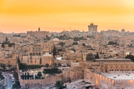 Old city of Jerusalem on the temple mount under golden sunset in the evening with golden dome of the rock, Al-aqsa mosque, view from the Mount of Olives, Jerusalem, Israelのeditorial素材