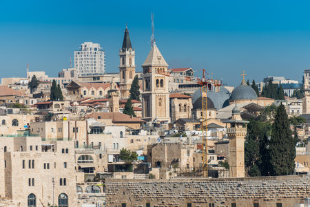 Historic buildings and skylines with Church of the holy sepulchre, Lutheran Church of the Redeemer, monastery of saint saviour, View from Mount of Olive, Jerusalem, Israelのeditorial素材