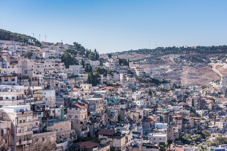 Residential houses at the Mount of Olive and Kidron Valley under the sunlight in the morning in Jerusalem, Israelのeditorial素材