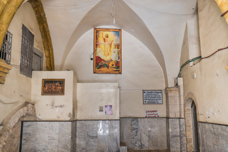 The 9th station of the cross in Via Dolorosa at the entree to the Coptic Orthodox Patriarchate, interiors of St Anthony Coptic Monastery, in Old City Jerusalemのeditorial素材