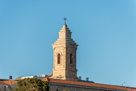 Bell tower of Pater Noster Church under sunset on the top of Mount of Olives, Jerusalemのeditorial素材