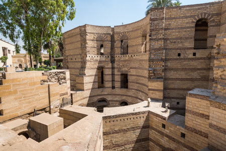 Ruins of the wall of Fortress of Babylon next to Coptic Museum in old Cairo, Egyptのeditorial素材