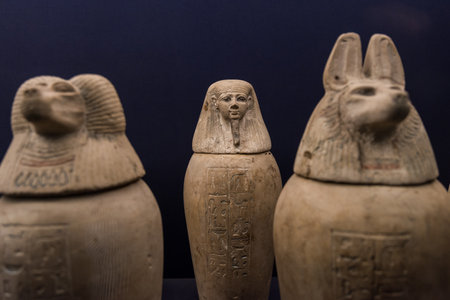 Canopic jars inside of the Museum of Egyptian Antiquities, used by the Ancient Egyptians during the mummification process to store and preserve the viscera of their owner, Cairo, Egyptのeditorial素材