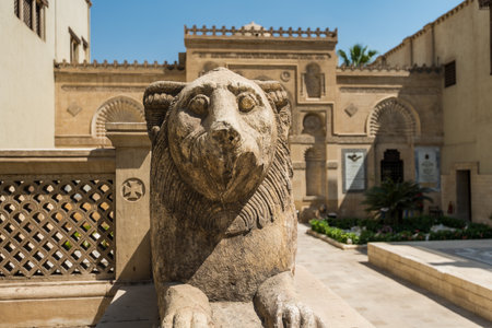 Lion statue in front of Coptic Museum in Cairo, Egypt with the largest collection of Egyptian Christian artifacts in the world. Founded by Marcus Simaika in 1908.のeditorial素材