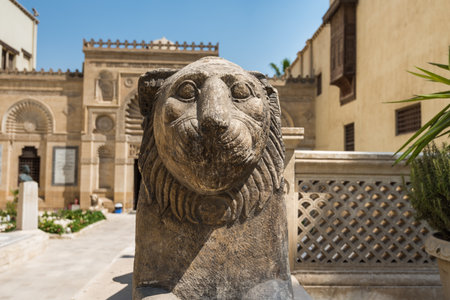 Lion statue in front of Coptic Museum in Cairo, Egypt with the largest collection of Egyptian Christian artifacts in the world. Founded by Marcus Simaika in 1908.のeditorial素材