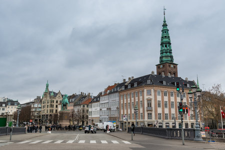 treet view of old town of Copenhagen, and Saint Nikolas church bell tower, Now is Nikolaj Copenhagen Contemporary Art Centerのeditorial素材