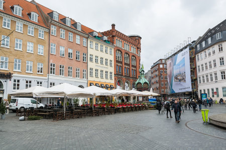 Street view of with restaurants in the square old downtown of Copenhagen cityのeditorial素材