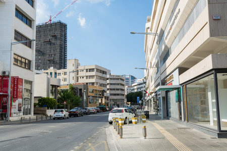 A street view with modern buildings in Nicosia, Cyprus.のeditorial素材