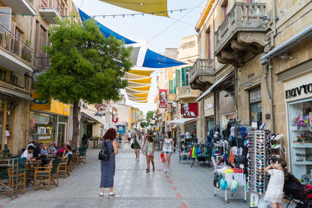 Shaded Ledras walking street with shops in the old town of Nicosia, Cyprus.のeditorial素材