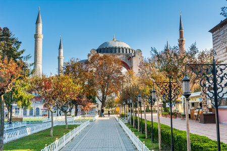 Hagia Sophia Holy Grand Mosque in the morning against blue sky in autumn in Istanbul, Turkeyのeditorial素材
