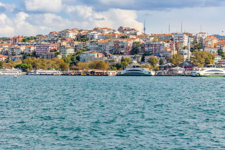 Cityscape of Golden horn with ancient and modern buildings in Istanbul Turkey from the Bosphorus strait on a sunny day with background cloudy skyのeditorial素材