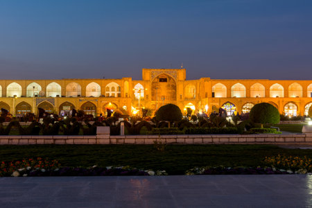 Night view of Naqsh-e Jahan Square or Imam squre and northern side with Qeysarie Gate opens into the Isfahan Grand Bazaar in Esfahan, Iran.のeditorial素材