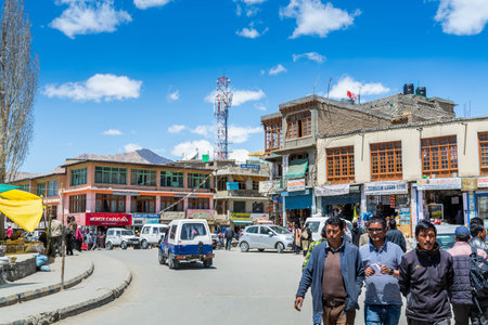 Traditional wooden Tibetan building in the downtown of Leh City, Ladakh, Kashmir regionのeditorial素材