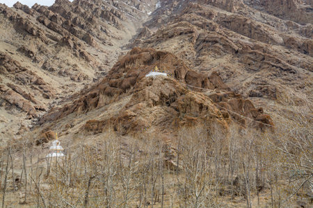 A Budha statue of a Tibetan traditional temple near the Hemis monastery built at the hillside of barren mountains in Leh, Ladakh, Jammu and Kashmirの写真素材