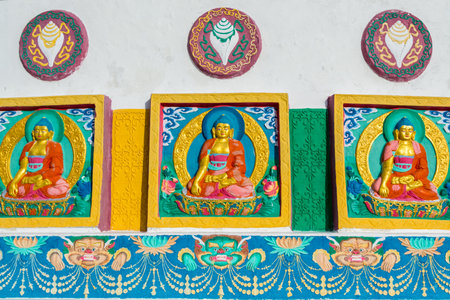 Buddha sculptures of Shanti Stupa, a Buddhist white-domed stupa (chorten) on the top of Chanspa, Leh city, Ladakh of the north Indian controlled Jammu and Kashmirの写真素材