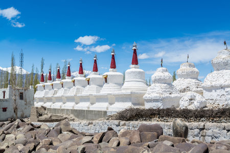 Pagodas of Thiksey Monastery or Thiksey Gompa, A famous Tibetan temple in Ladakh, Indiaの写真素材