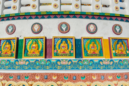 Buddha sculptures of Shanti Stupa, a Buddhist white-domed stupa (chorten) on the top of Chanspa, Leh city, Ladakh of the north Indian controlled Jammu and Kashmirの写真素材