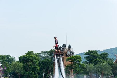 Water show on the lake in Chimelong Ocean Kingdom, Zhuhai, Guangdong, Chinaのeditorial素材