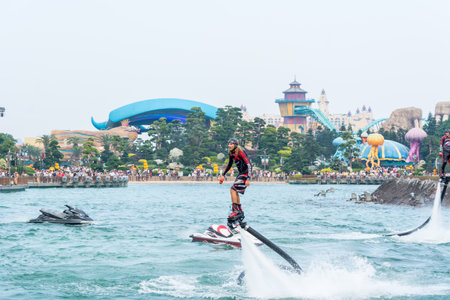 Water show on the lake in Chimelong Ocean Kingdom, Zhuhai, Guangdong, Chinaのeditorial素材