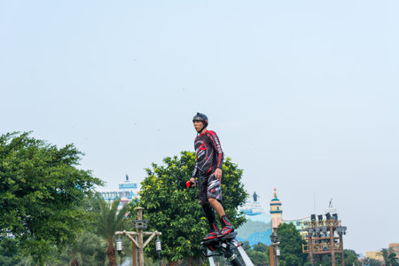 Water show on the lake in Chimelong Ocean Kingdom, Zhuhai, Guangdong, Chinaのeditorial素材