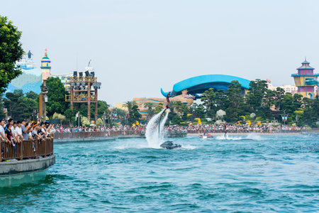 Water show on the lake in Chimelong Ocean Kingdom, Zhuhai, Guangdong, Chinaのeditorial素材