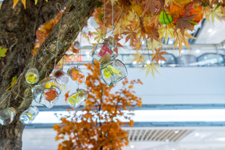 Transparent glass bottles hanging on a maple tree with artificial fall foliagesの写真素材