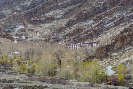 Tibetan traditional wooden buildings of Hemis monastery in the valley Himalayas of Leh, Ladakh, Jammu and Kashmirのeditorial素材