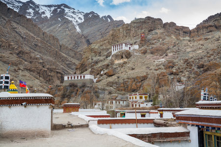 Tibetan traditional wooden buildings of Hemis monastery in the valley Himalayas of Leh, Ladakh, Jammu and Kashmirのeditorial素材