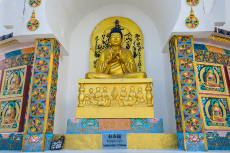 Buddha sculptures of Shanti Stupa, a Buddhist white-domed stupa (chorten) on the top of Chanspa, Leh city, Ladakh of the north Indian controlled Jammu and Kashmirのeditorial素材