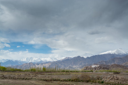 Stakna Monastery or Stakna Gompa and Himalayas mountain with background of cloudy sky, near the Leh city, Ladakh, Jammu and Kashmirのeditorial素材