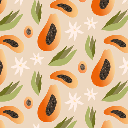 Tropical seamless pattern with colorful exotic half papaya fruit, leaves and flowers on background.のイラスト素材