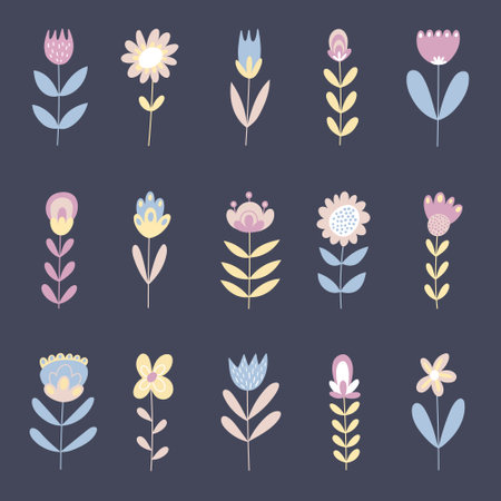 Beautiful spring flower collection with flowers, leaves, floral elements, branches. Vector icons, botanic set.のイラスト素材