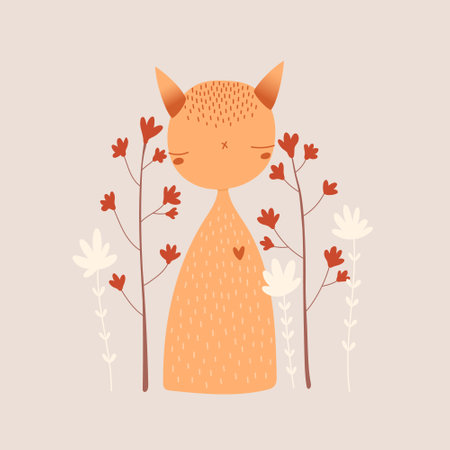 Cute orange cat on a floral background, vector illustration. Greeting card, birthday card design, print, textile.のイラスト素材